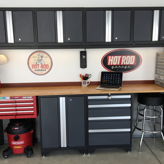 Modern garage with cabinets, tool chest, and workbench - Pete from Colorado Springs, CO