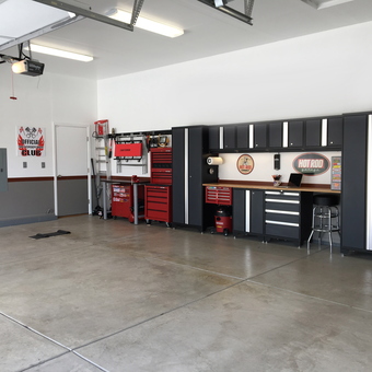 Modern garage with tool cabinets and workbench - Pete from Colorado Springs, CO
