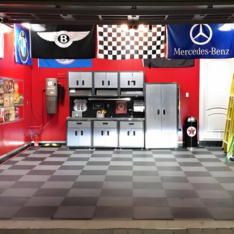 Red Garage with Diamond Plate Cabinets and Car Decor - Peter from Demarest, NJ