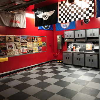Red Garage with Cabinets, Flags, Signs, and Flooring - Peter from Demarest, NJ
