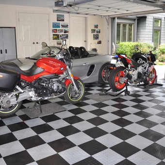 Checkered Garage Flooring with Motorcycles and Cabinets - Billy from Blowing Rock, NC