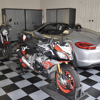 Garage With Sport Bikes, Porsche, Cabinets, and Tile Floor - Billy from Blowing Rock, NC