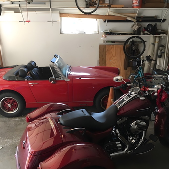Classic Red Car and Motorcycle Trike in Organized Garage - Sandi from Blaine, MN