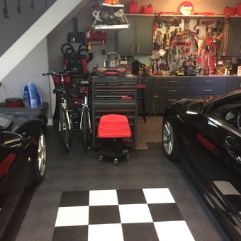 Organized garage with tool chest, bikes, and cars - Lou's Garage from Garden City, NY