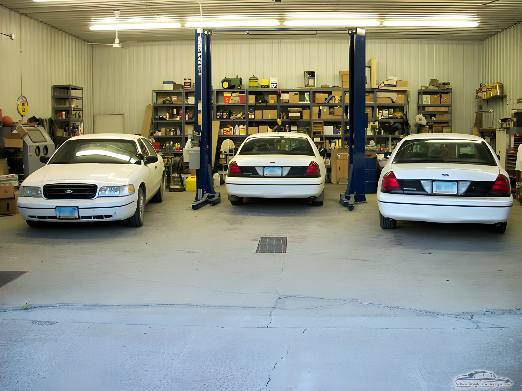 Organized garage with car lifts, shelving, and three vehicles - Keith from Cummings, ND