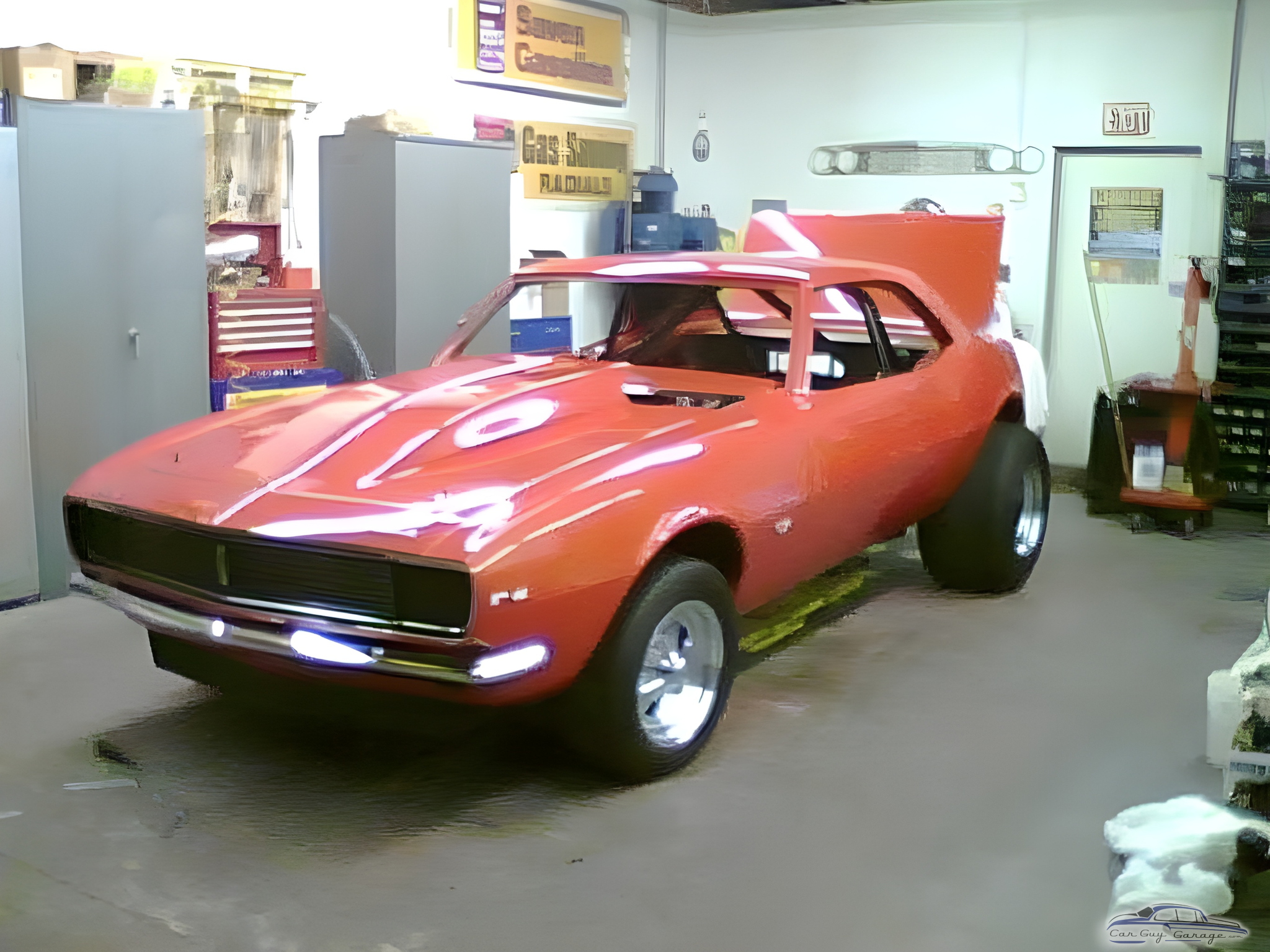 Red Classic Muscle Car in Garage with Storage Cabinets - Kenny's Garage from Milton, Del