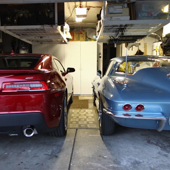 Organized garage with two classic Chevrolets and storage - robert from Fremont, CA