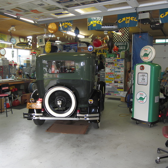 Classic Car Garage with Vintage Gas Pump and Signs - GTRacer from San Antonio, TX
