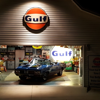 Classic car and Gulf signs in vintage garage - Keith from Somerset, KY