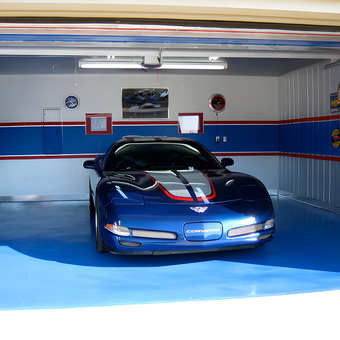 Corvette Themed Garage With Wall Signs and Blue Flooring - Mike from Rogers, AR
