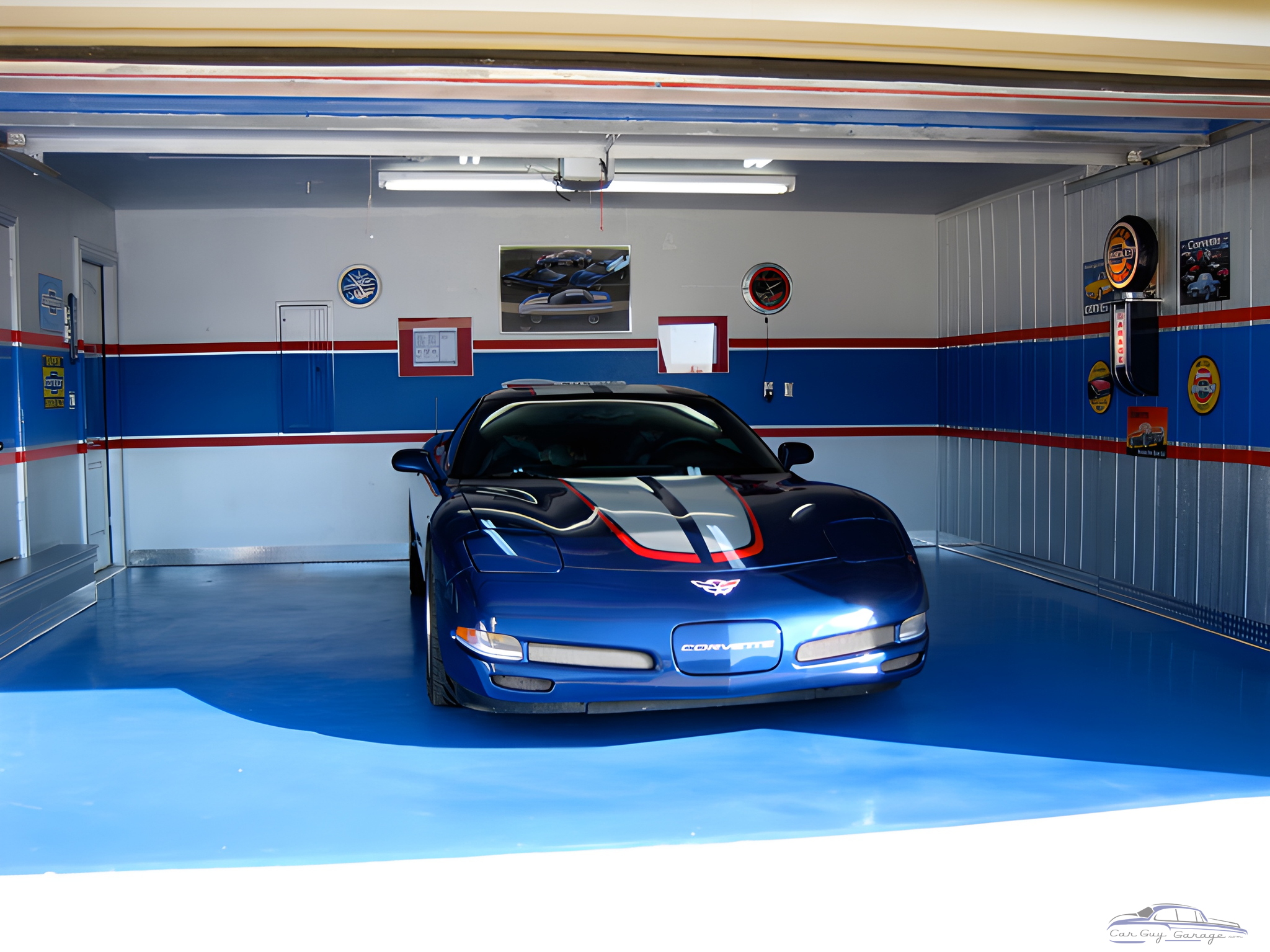 Corvette Themed Garage With Wall Signs and Blue Flooring - Mike from Rogers, AR