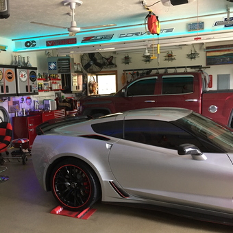 Red and Black Shop Stools in Custom Corvette Garage - Shop Stools