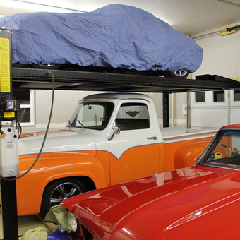 Four post car lift with classic cars in garage - Fast Eddie from Poca, WV