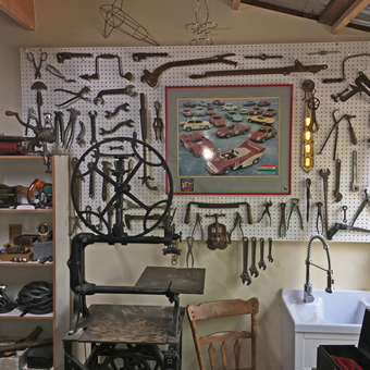 Vintage Garage Tools Display with Pegboard and Sink - ODD Jim from Sonoma, CA