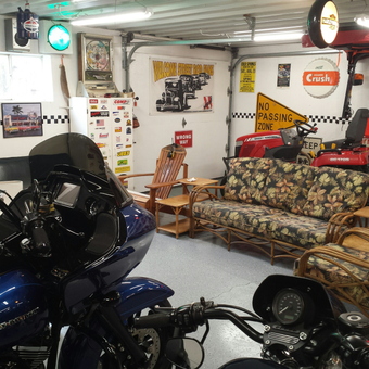 Motorcycles, Vintage Signs, and Lounge Area in Garage - Don from Auburn, IN