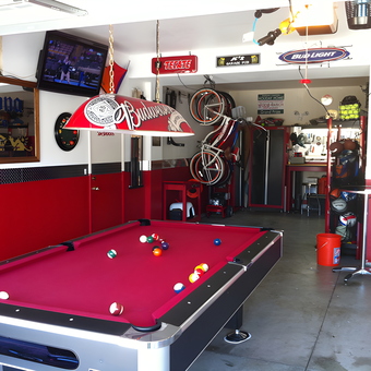 Red Pool Table, Bar Decor, and Signs in Garage - JC from Beaumont, CA
