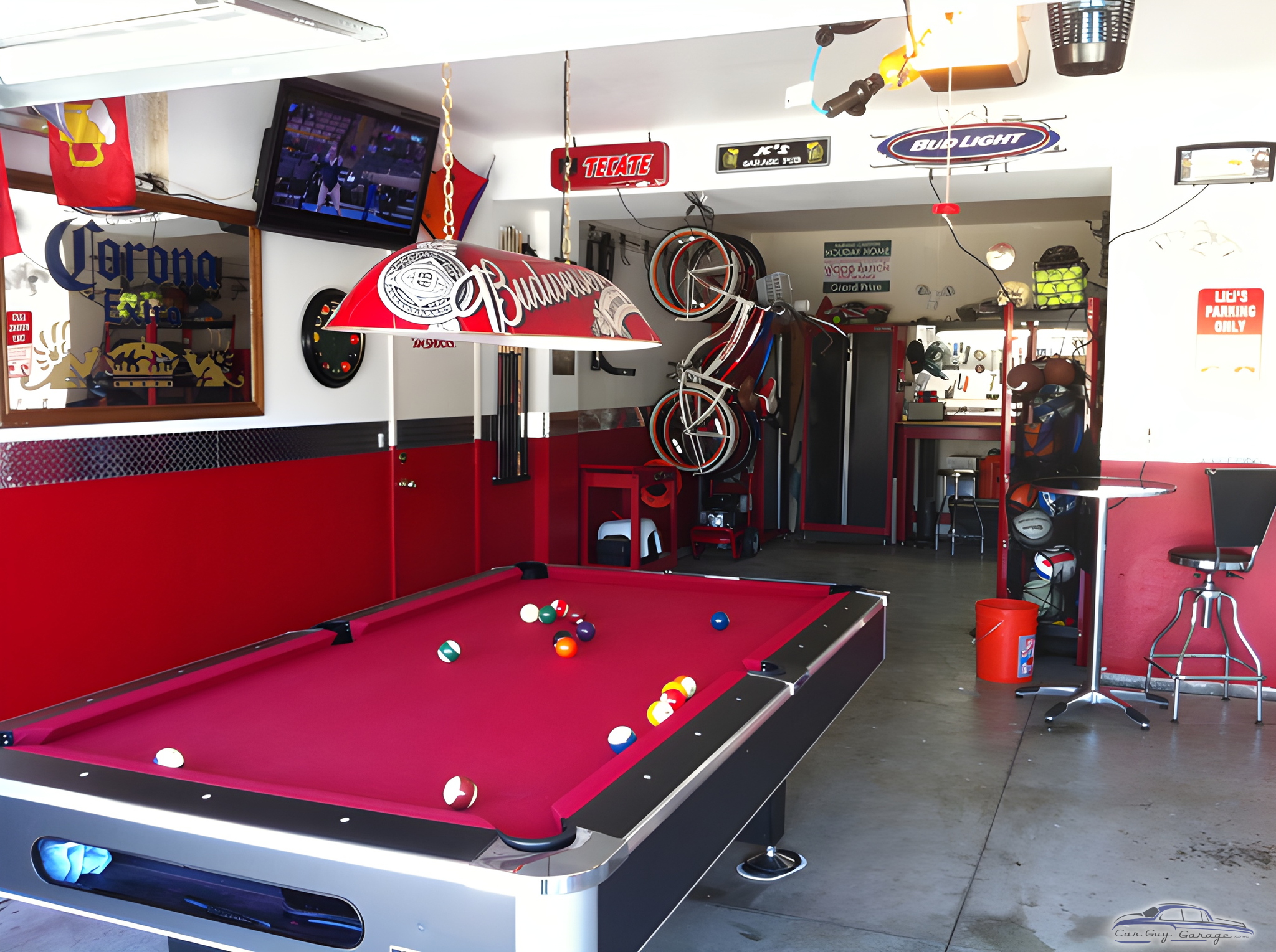 Red Pool Table, Bar Decor, and Signs in Garage - JC from Beaumont, CA