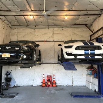 Two Mustangs on Car Lifts in Insulated Garage - Rodney from East Hampton, NY
