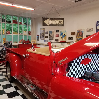 Classic Red Chevy Truck and Motorcycle Garage - Maine Man from South Paris, Maine