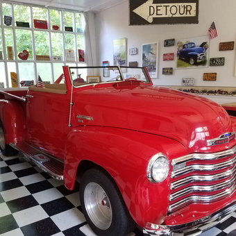 Classic Red Chevy Truck in Decorated Garage - Maine Man from South Paris, Maine