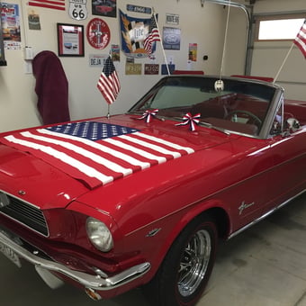 Classic Mustang Decorated with Flags in Garage - 2Guys66 from Paso Robles, California