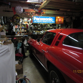 Classic Red Car, Neon Signs, and Organized Garage Shelves - keevel from Des Moines, IA