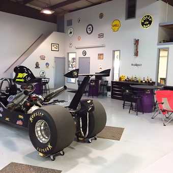 Race Car Garage with Wall Signs and Bar Area - Ron Finney Racing from Greenwood, Indiana