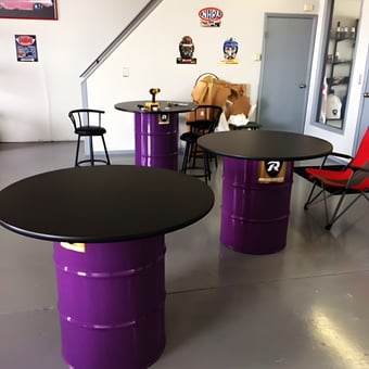 Purple Barrel Tables and Garage Decor - Ron Finney Racing from Greenwood, Indiana