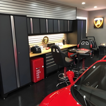Modern Garage with Cabinets, Bar Stools, and Wall Art - Steve from St. Louis