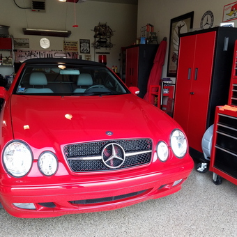 Red Mercedes, Tool Cabinets, and Storage in Organized Garage - Ed from Tinley Park, IL