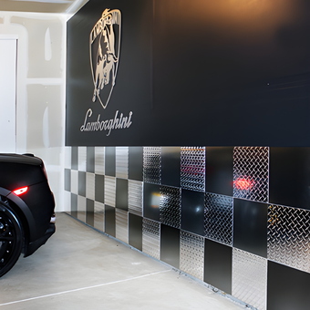 Garage with Diamond Plate Wall Panels and Lamborghini Logo - Jim from Doral, FL