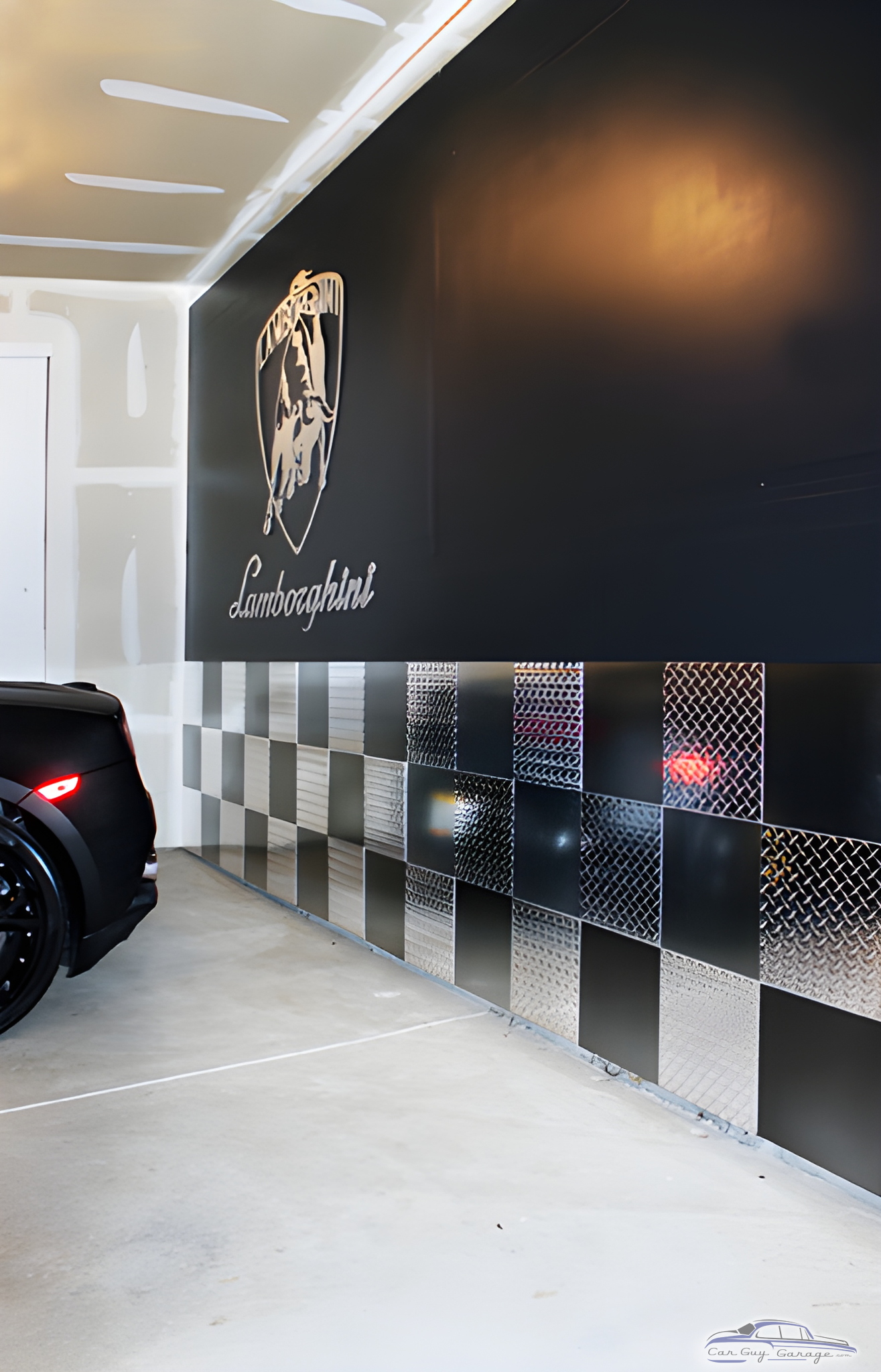 Garage with Diamond Plate Wall Panels and Lamborghini Logo - Jim from Doral, FL