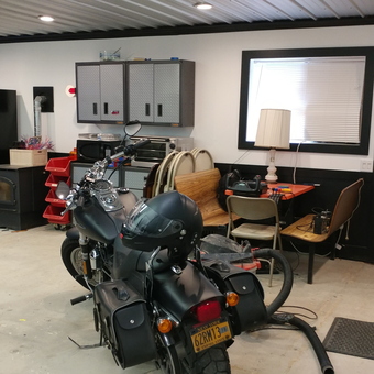 Organized Garage With Motorcycle and Storage Cabinets - Scott from Webster, Ny
