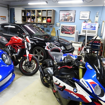 Garage with Sports Cars, Motorcycles, and Wall Decor - my cottage from farmington hills, MI