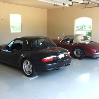 Clean garage with two classic cars and floor mats - Randy from Parrish, Florida