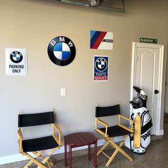 BMW Garage Wall Decor with Chairs and Golf Bag - Bill from Lantana, Texas