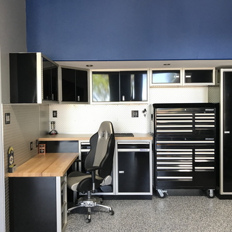 Modern garage workstation with cabinets and tool chests - P&J Motiorsports