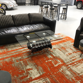Engine Block Glass Coffee Table in Modern Garage Lounge - Engine Block Table