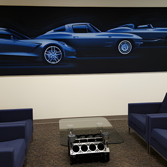Garage Lounge with Engine Block Table and Car Art - Engine Block Table