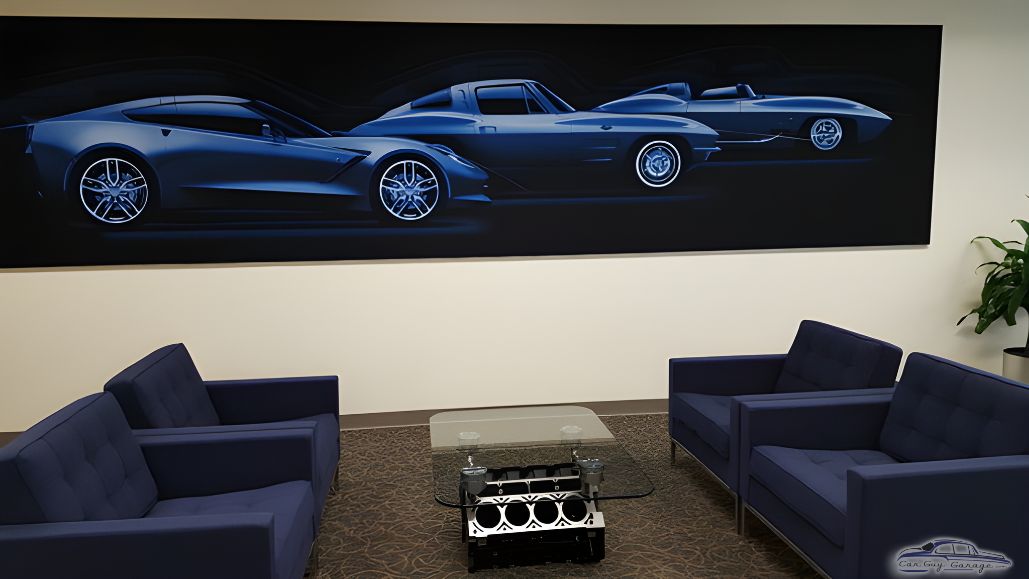 Garage Lounge with Engine Block Table and Car Art - Engine Block Table
