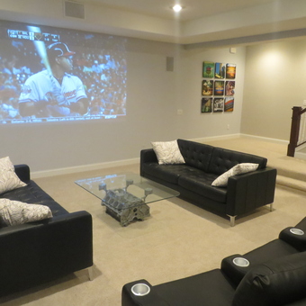 Home Theater with Engine Block Glass Coffee Table - Engine Block Table