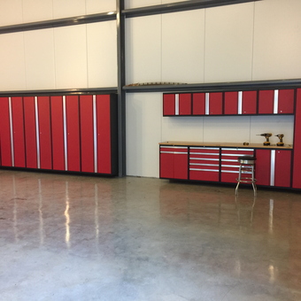 Red Garage Cabinets and Workbench Setup - 40's Rock from Dallas, Tx