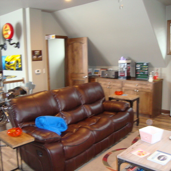 Garage Lounge with Leather Sofa and Gas Pump Decor - Dean from New Berlin, Wi