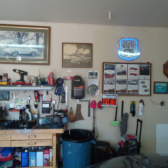Organized Garage Workbench with Tools and Route 66 Signs - Richard from Oklahoma City, OK