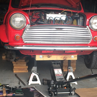 Classic Mini on Jack Stands with Tools - Jake from Leland, NC