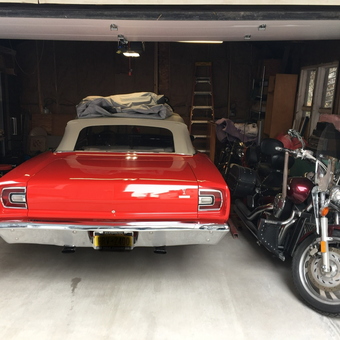 Classic Red Convertible and Motorcycle in Organized Garage - Mopar Mike from Bronx, New York
