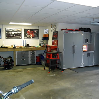 Organized Garage with Grey Cabinets and Workbench - Derek from Purlear, North Carolina
