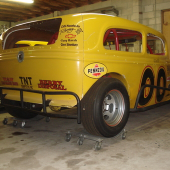 Classic Yellow Race Cars with Dollies in Garage - BL from Rockledge, FL