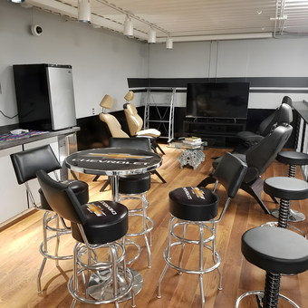 Chevrolet Bar Stools, Car Seats, TV, and Lounge - Jim's Man Cave
