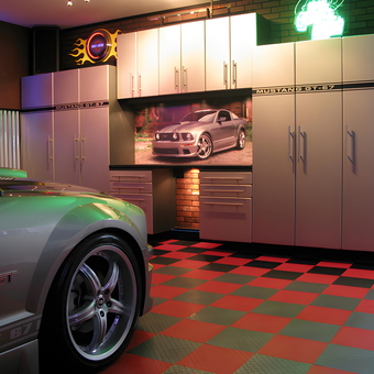 Modern garage with cabinets, wall art, and Mustang - John from Chicago, IL
